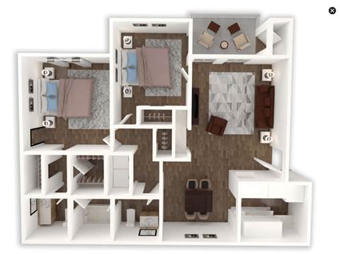 A 3D floor plan of a house with multiple rooms and furniture.